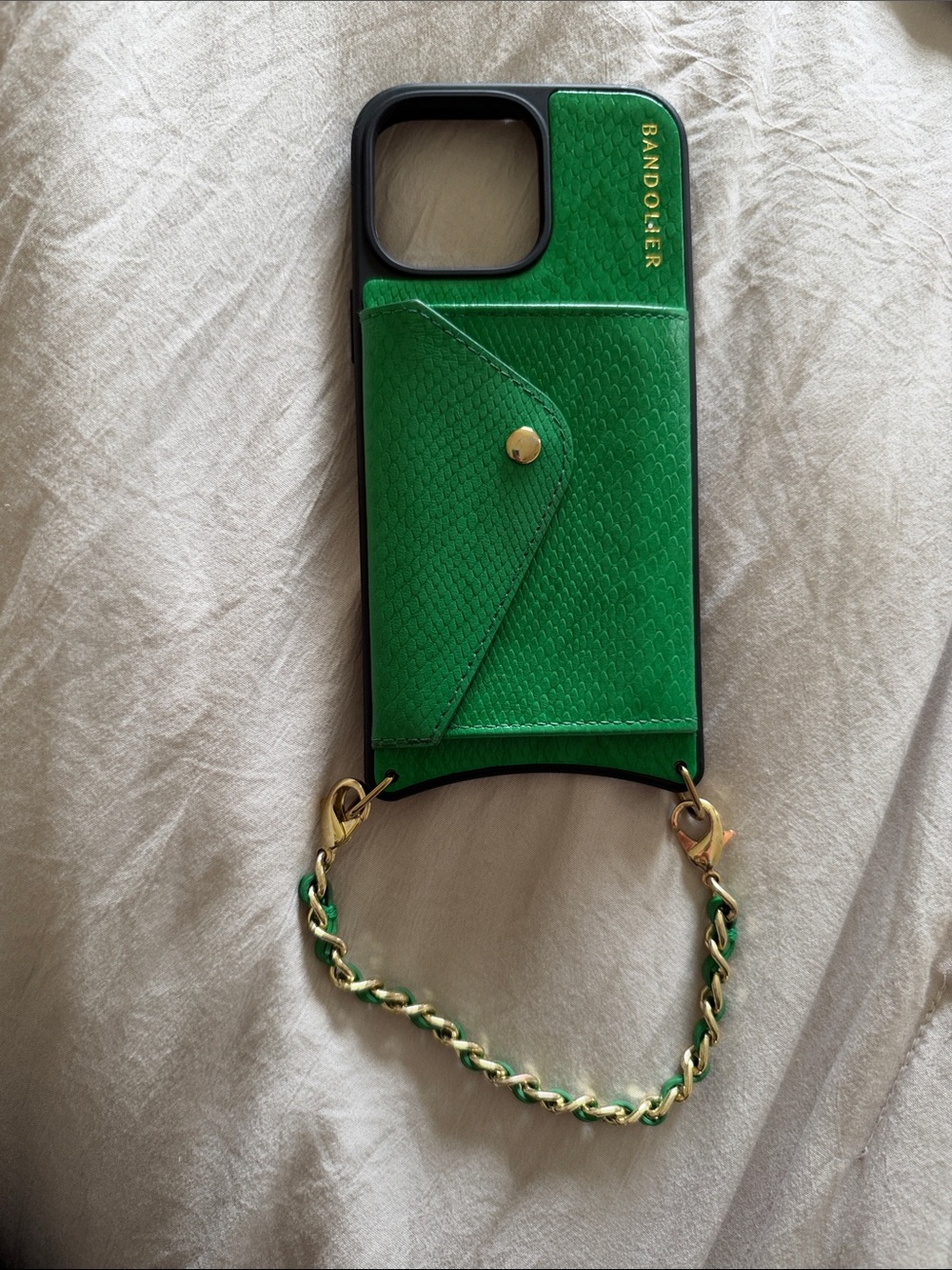 Bandolier Green Leather Phone Case with Gold Chain Accent